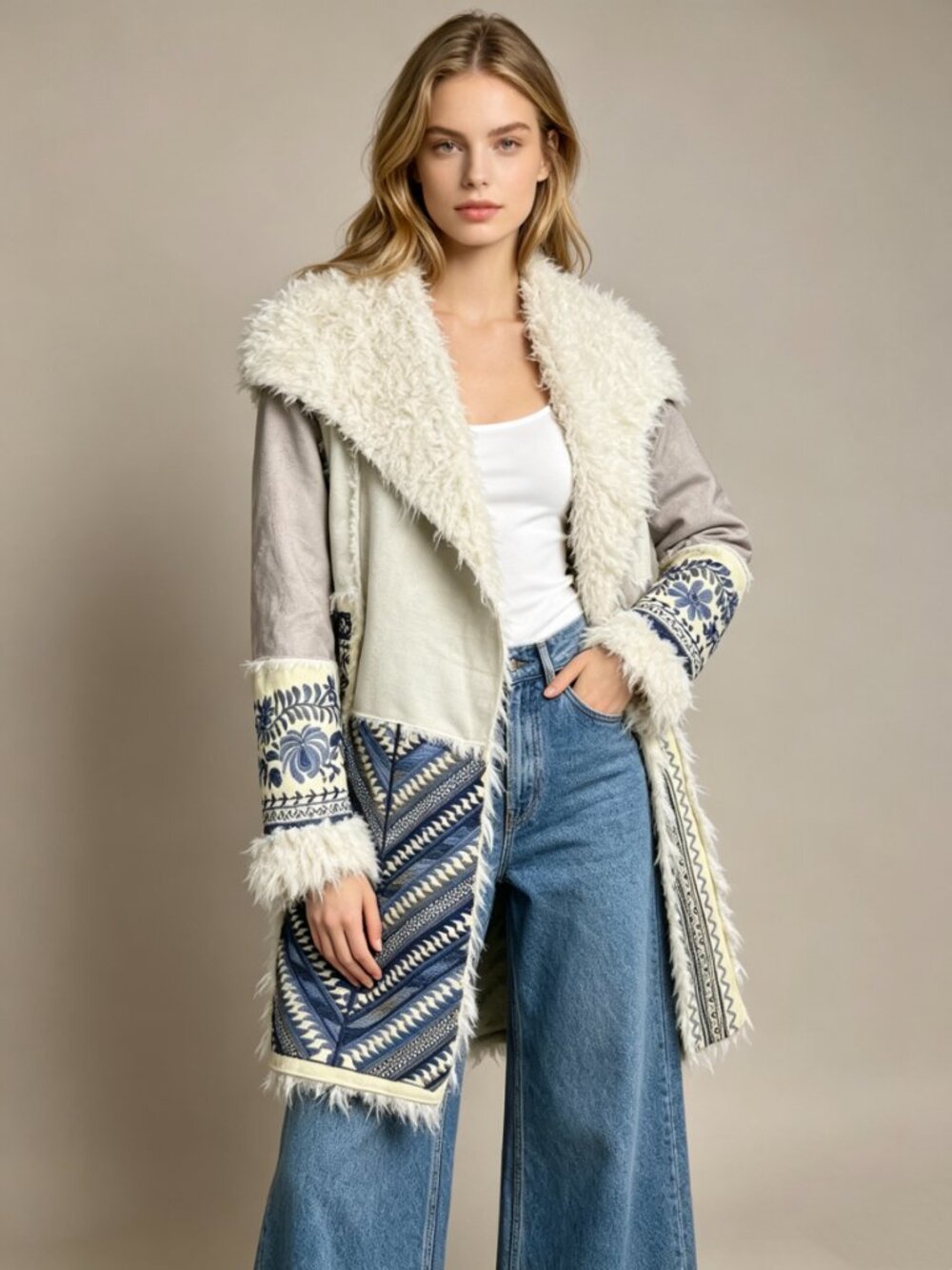 NWOT Johnny Was Fur & Faux Suede Floral Embroidered Coat Pockets Size S Grey